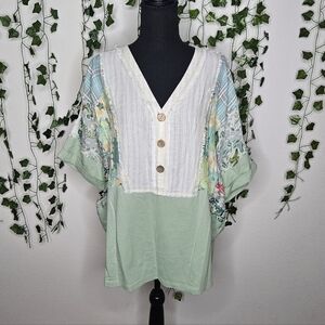 Easel Boho Floral Patchwork Watercolor Oversized Drop Shoulder Mixed Media Top